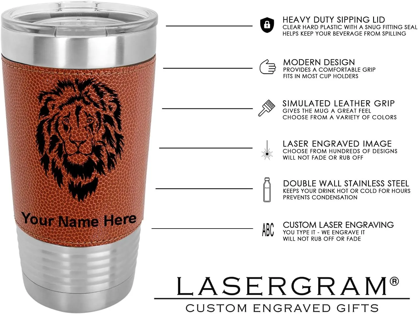 LaserGram 20oz Vacuum Insulated Tumbler Mug, Motorcycle, Personalized Engraving Included (Faux Leather, Basketball Style)