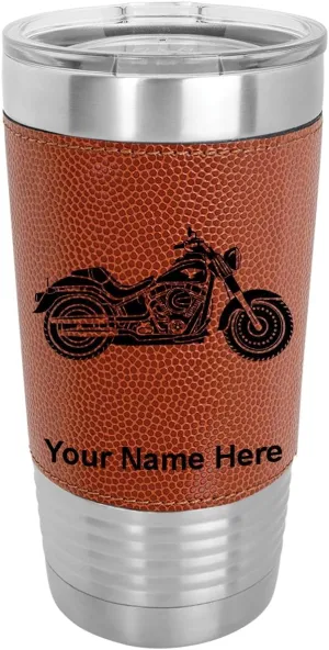 LaserGram 20oz Vacuum Insulated Tumbler Mug, Motorcycle, Personalized Engraving Included (Faux Leather, Basketball Style)