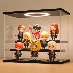 LASOA 3 Tier Acrylic Display Case with Adjustable LED Light, Clear Display Box for Action Figures, Collectibles and Miniatures, Self-Assembly Shelf Showcase with Black Base, 11.8x6.5x9.4inch