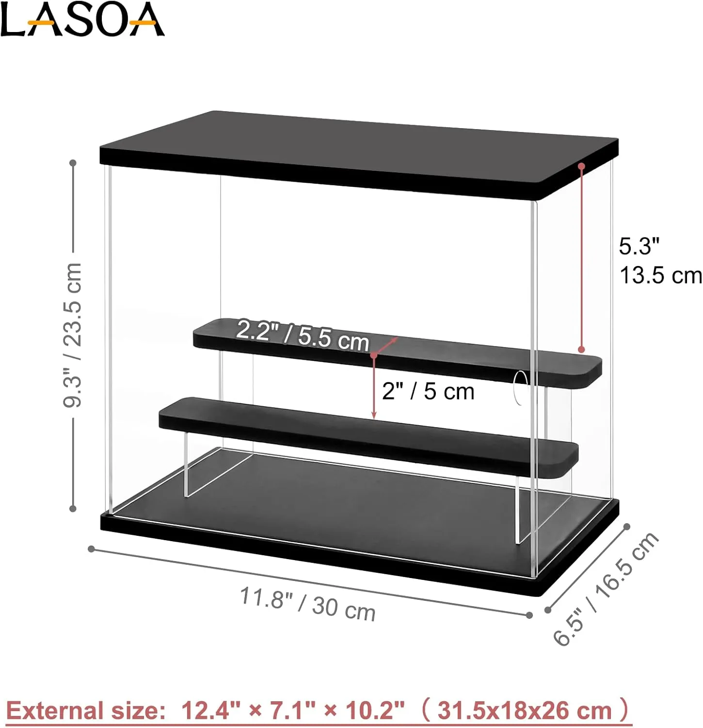 LASOA 3 Tier Acrylic Display Case with Adjustable LED Light, Clear Display Box for Action Figures, Collectibles and Miniatures, Self-Assembly Shelf Showcase with Black Base, 11.8x6.5x9.4inch