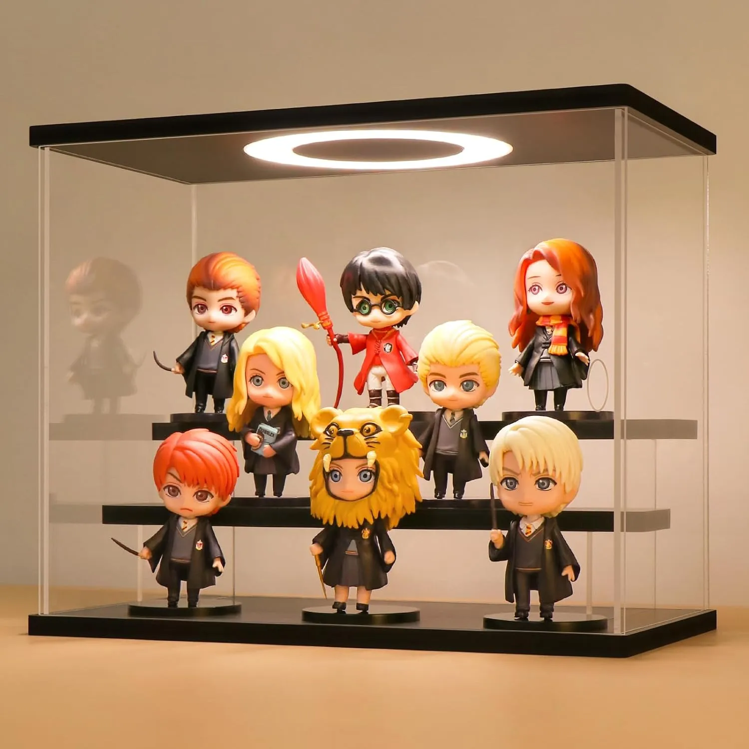 LASOA 3 Tier Acrylic Display Case with Adjustable LED Light, Clear Display Box for Action Figures, Collectibles and Miniatures, Self-Assembly Shelf Showcase with Black Base, 11.8x6.5x9.4inch