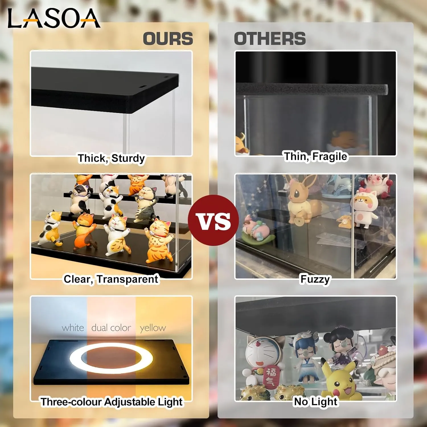 LASOA 3 Tier Acrylic Display Case with Adjustable LED Light, Clear Display Box for Action Figures, Collectibles and Miniatures, Self-Assembly Shelf Showcase with Black Base, 11.8x6.5x9.4inch