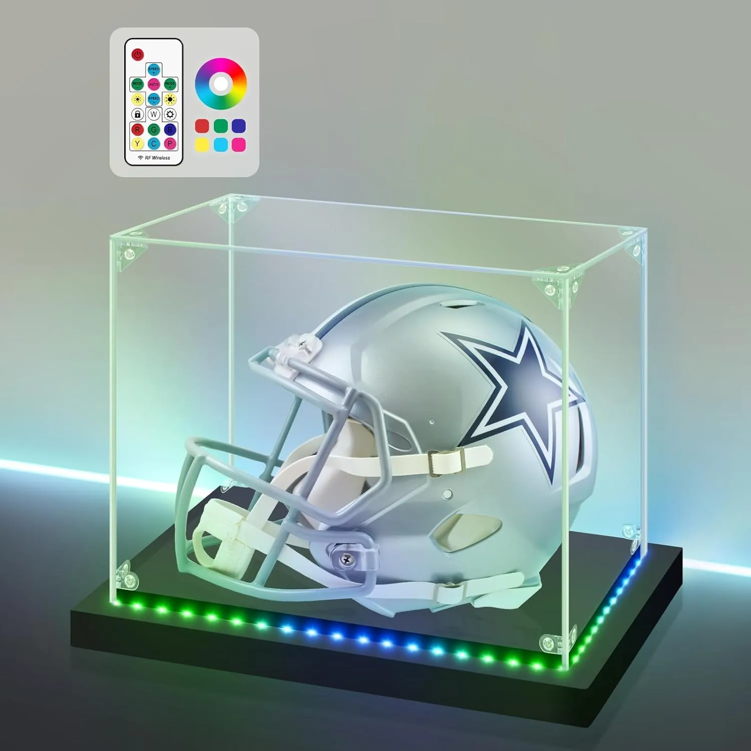 LASOA Acrylic Display Case with RGBW Color Changing LED Light, Clear Display Box for Memoribilia Action Figures, Self-Assembly Dustproof Showcase with Black Base, 15.8x11x11.8inch