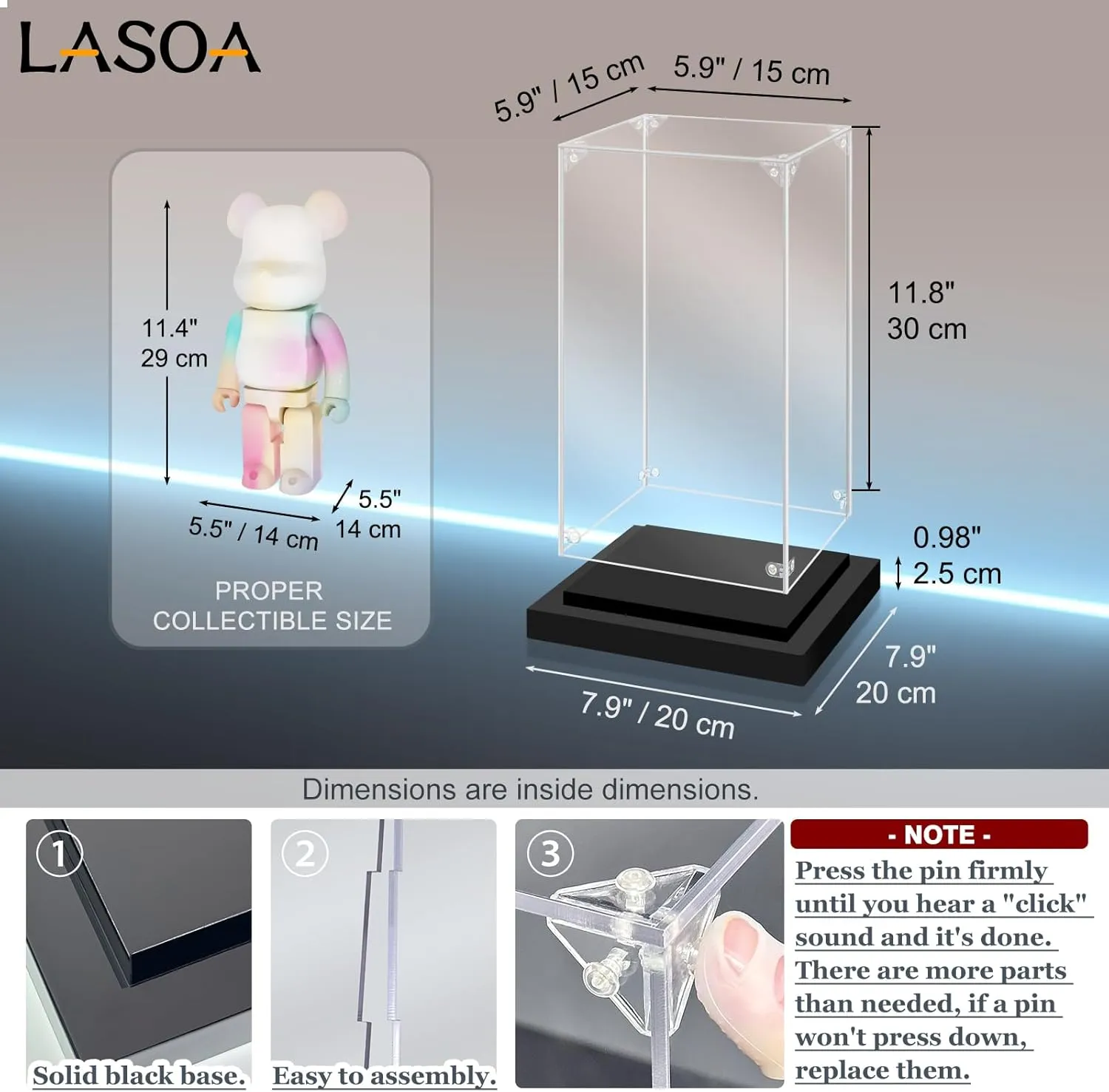 LASOA Acrylic Display Case with RGBW Color Changing LED Light, Clear Display Box for Memoribilia Action Figures, Self-Assembly Dustproof Showcase with Black Base, 5.9x5.9x11.8inch