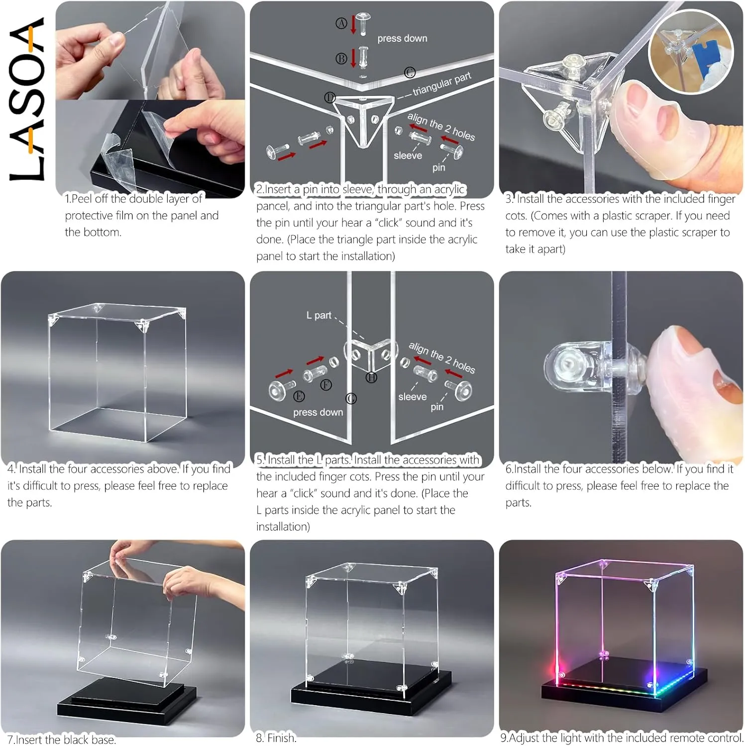 LASOA Acrylic Display Case with RGBW Color Changing LED Light, Clear Display Box for Memoribilia Action Figures, Self-Assembly Dustproof Showcase with Black Base, 5.9x5.9x11.8inch