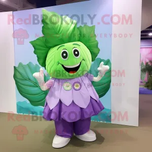 Lavender Cabbage Leaf mascot costume character dressed with a Overalls and Necklaces