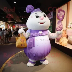 Lavender Dim Sum mascot costume character dressed with a Pencil Skirt and Handbags