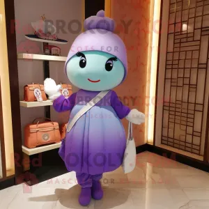 Lavender Dim Sum mascot costume character dressed with a Pencil Skirt and Handbags