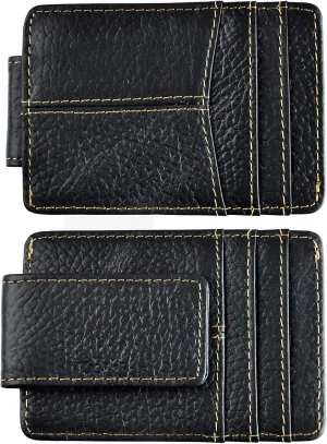 Le'aokuu Mens Genuine Leather Cowhide Clip Credit Card Case Handy Slim Wallet Magnet (Black 2)
