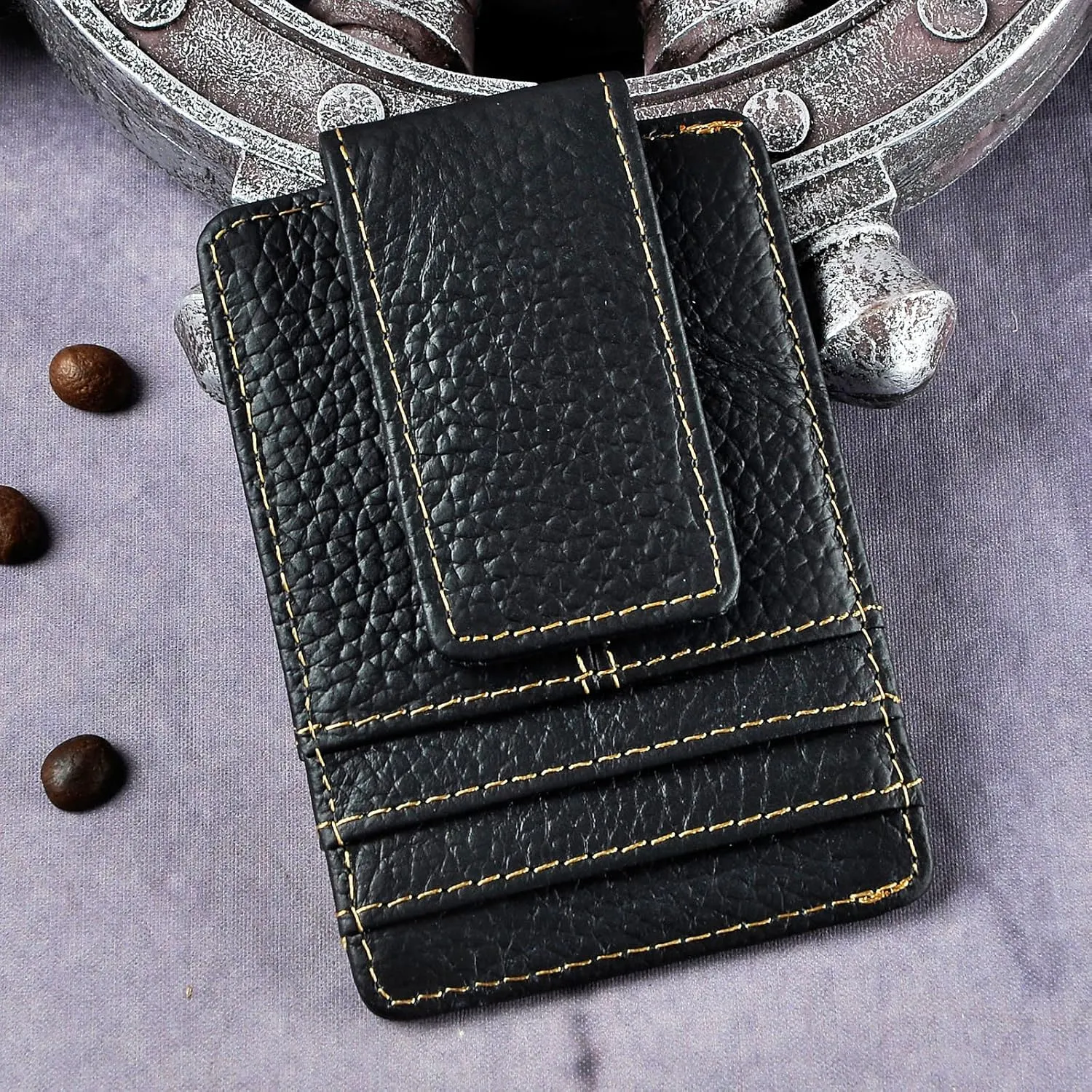 Le'aokuu Mens Genuine Leather Cowhide Clip Credit Card Case Handy Slim Wallet Magnet (Black 2)