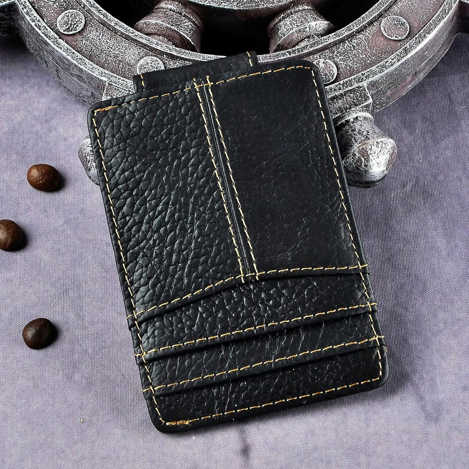 Le'aokuu Mens Genuine Leather Cowhide Clip Credit Card Case Handy Slim Wallet Magnet (Black 2)