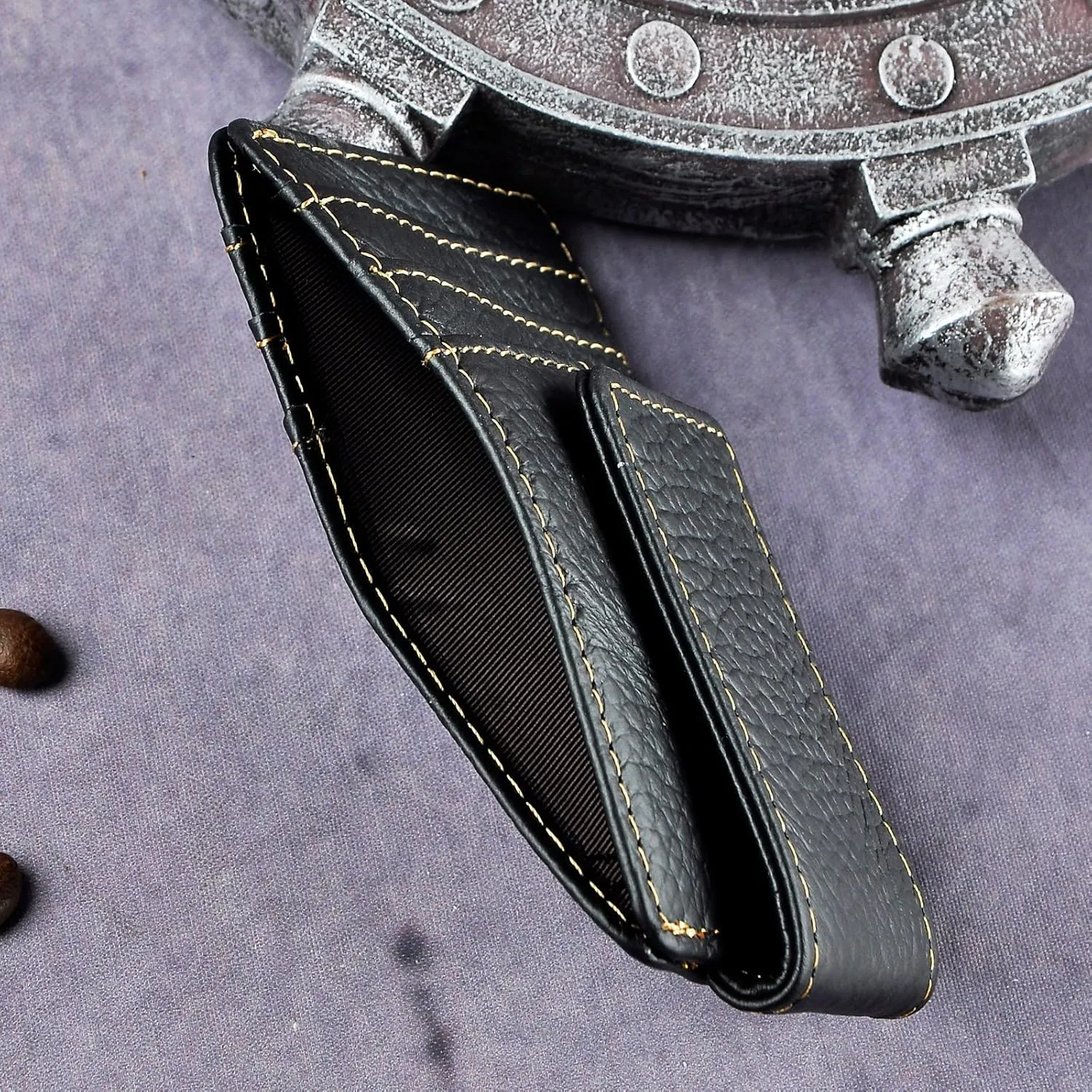 Le'aokuu Mens Genuine Leather Cowhide Clip Credit Card Case Handy Slim Wallet Magnet (Black 2)