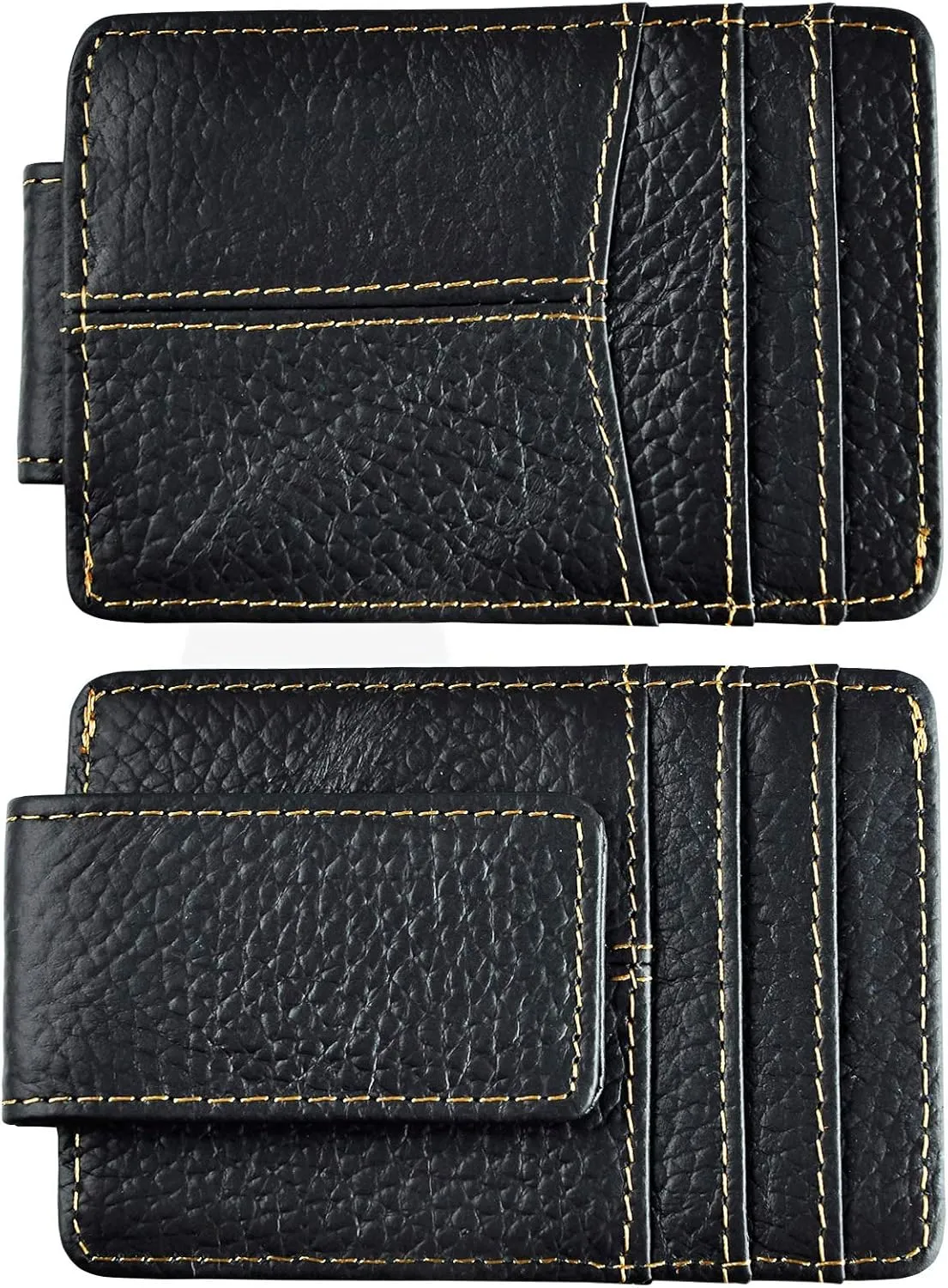Le'aokuu Mens Genuine Leather Cowhide Clip Credit Card Case Handy Slim Wallet Magnet (Black 2)
