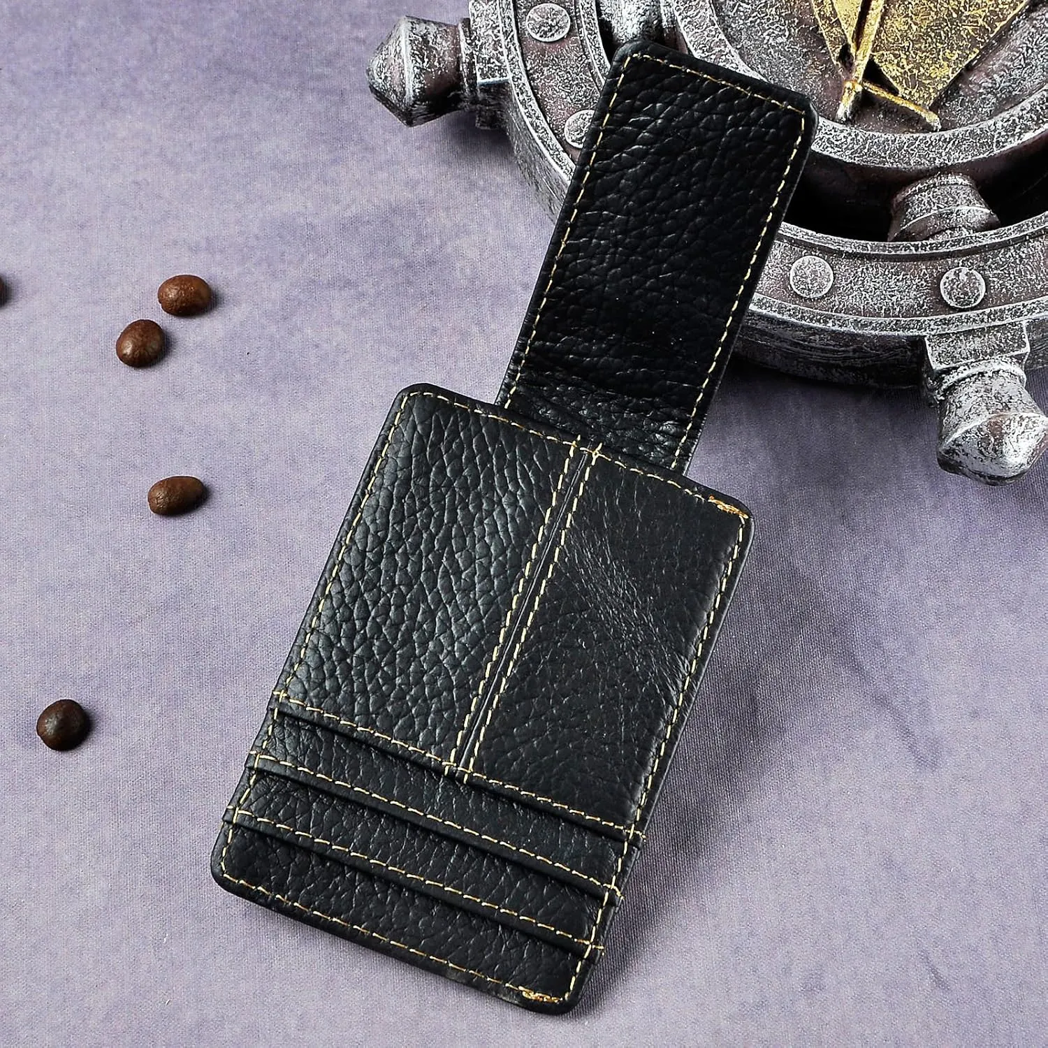 Le'aokuu Mens Genuine Leather Cowhide Clip Credit Card Case Handy Slim Wallet Magnet (Black 2)