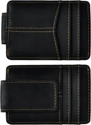 Le'aokuu Mens Genuine Leather Cowhide Money Clip Credit Card Case Handy Slim Wallet Magnet (A Rfid Black)
