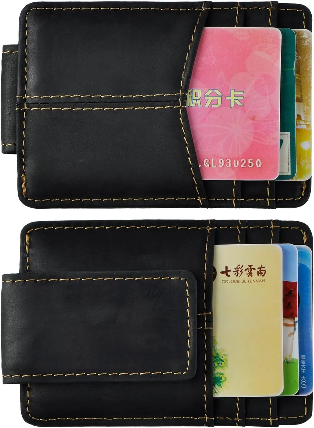 Le'aokuu Mens Genuine Leather Cowhide Money Clip Credit Card Case Handy Slim Wallet Magnet (A Rfid Black)