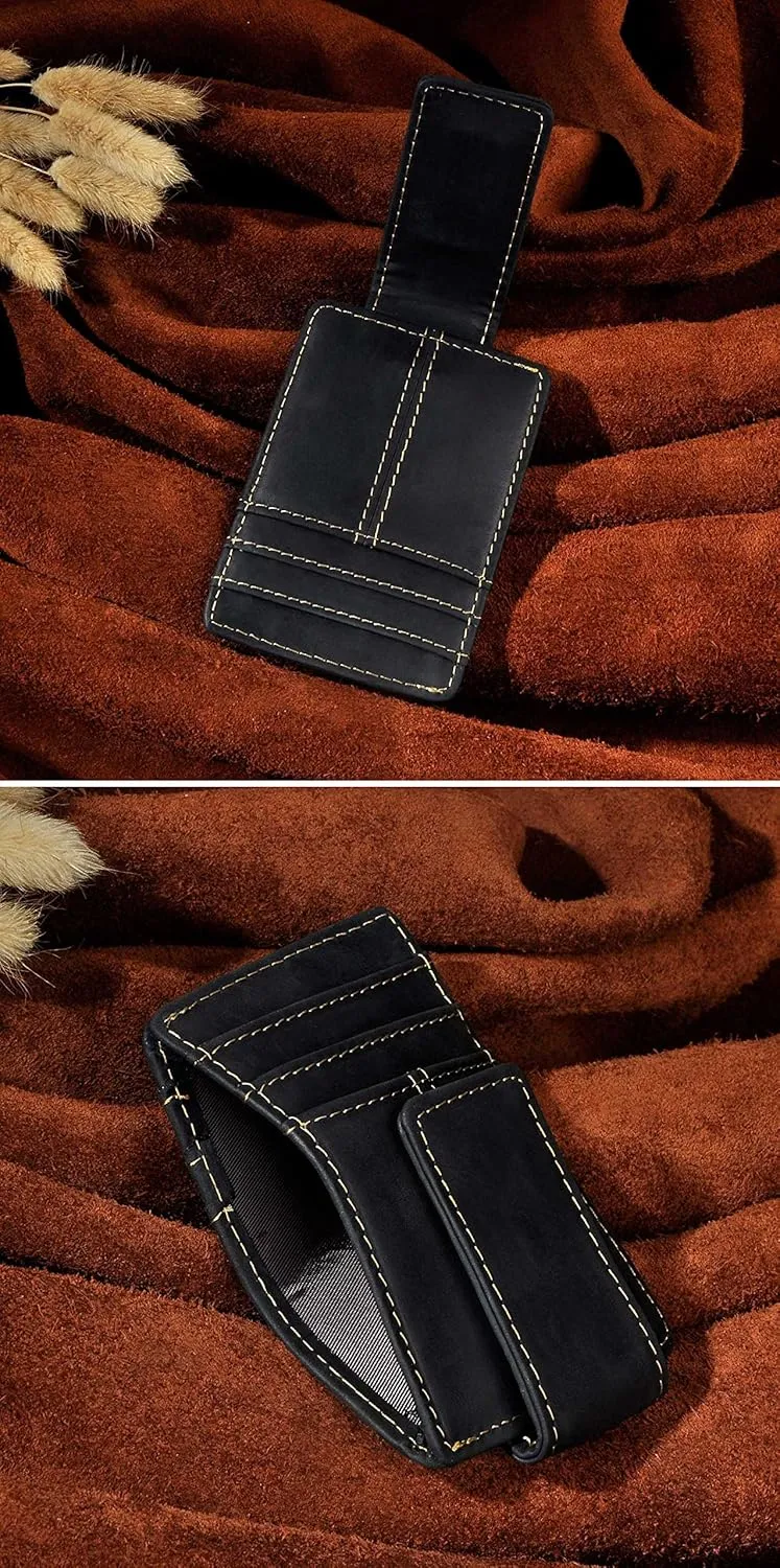 Le'aokuu Mens Genuine Leather Cowhide Money Clip Credit Card Case Handy Slim Wallet Magnet (A Rfid Black)