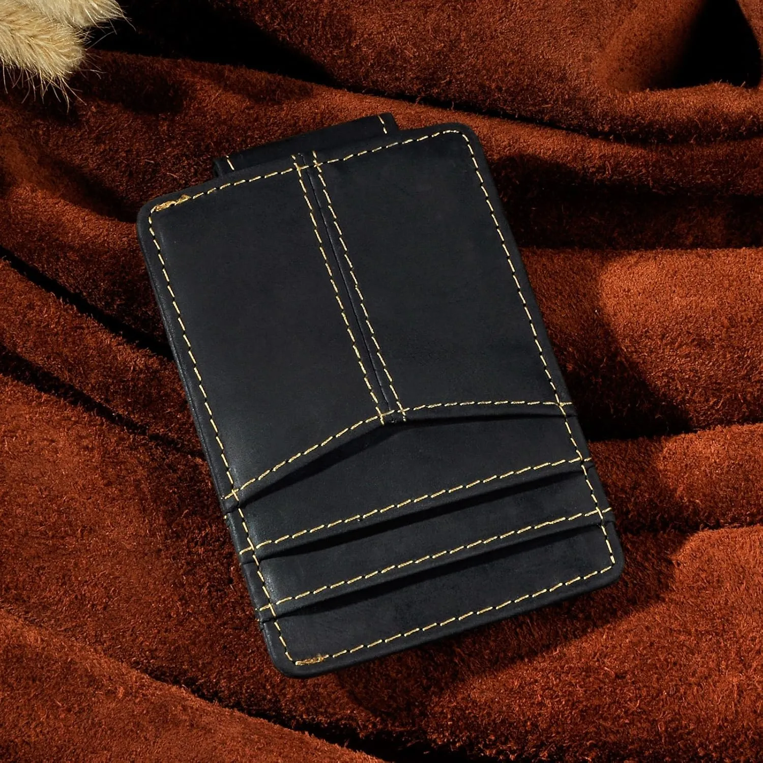 Le'aokuu Mens Genuine Leather Cowhide Money Clip Credit Card Case Handy Slim Wallet Magnet (A Rfid Black)