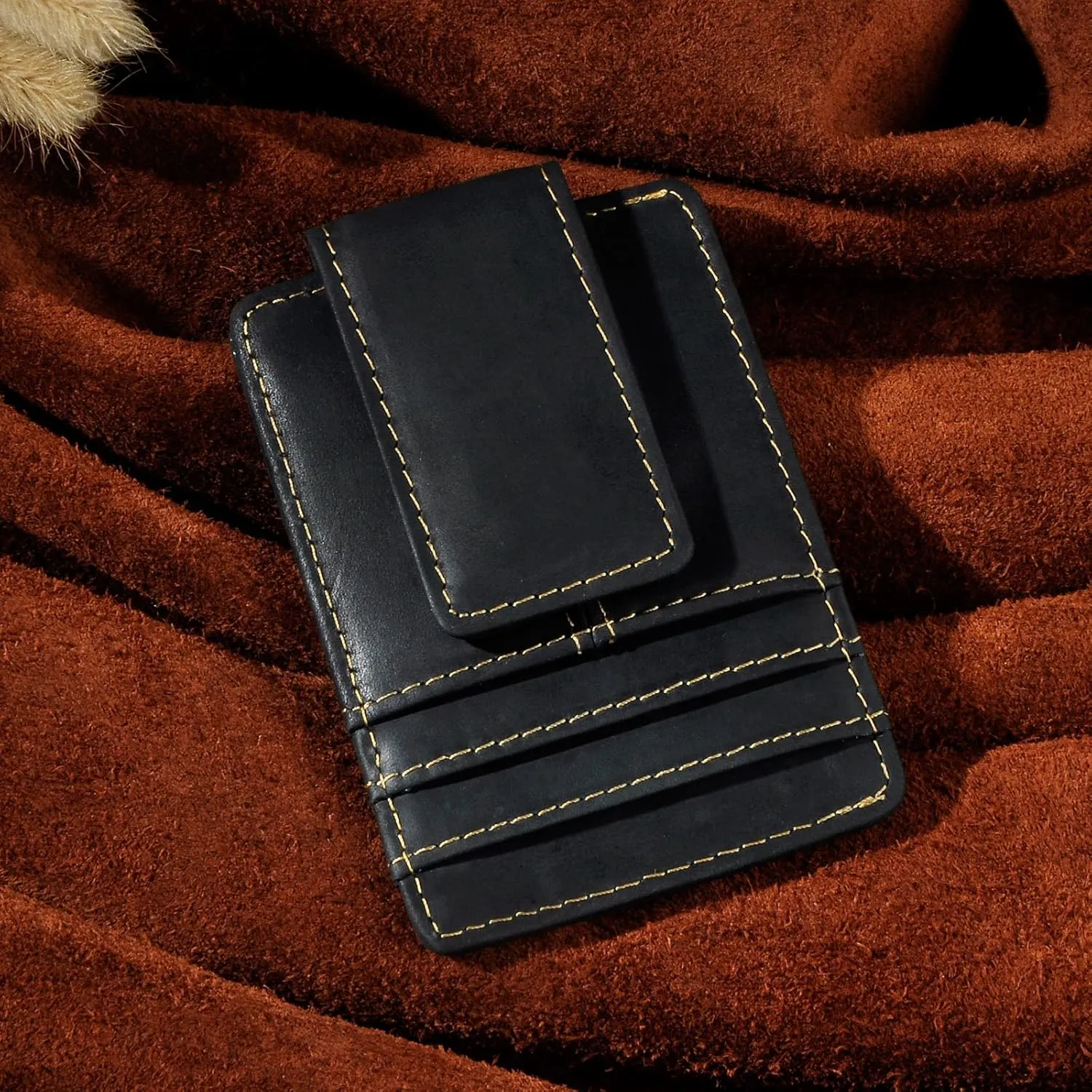 Le'aokuu Mens Genuine Leather Cowhide Money Clip Credit Card Case Handy Slim Wallet Magnet (A Rfid Black)