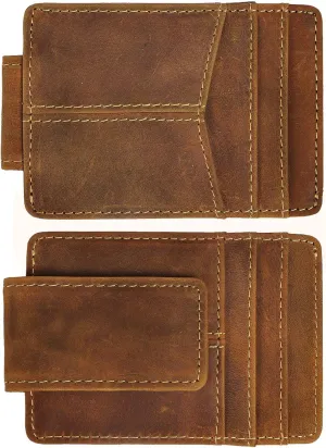 Le'aokuu Mens Genuine Leather Cowhide Money Clip Credit Card Case Handy Slim Wallet Magnet (A Rfid Light Brown 4)