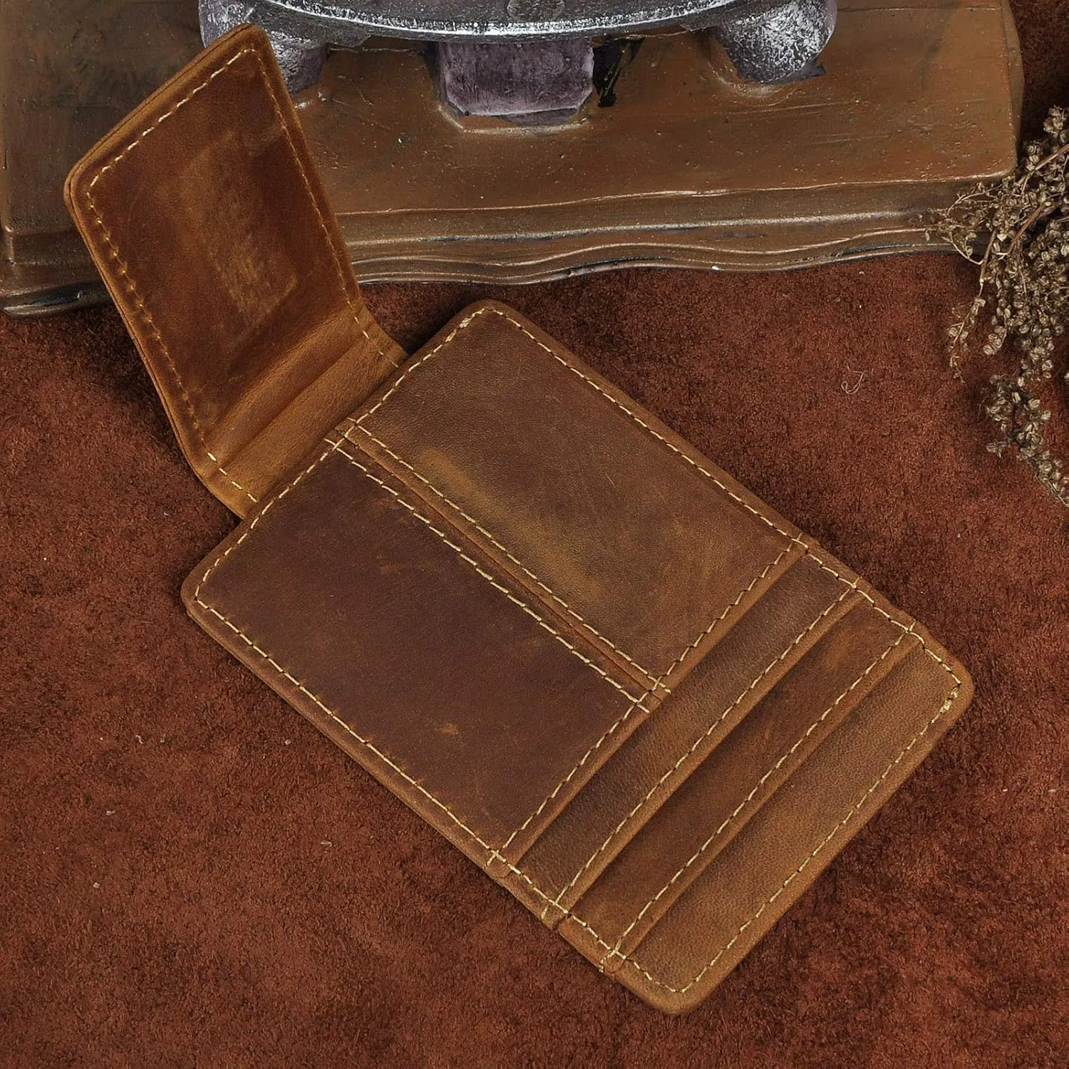 Le'aokuu Mens Genuine Leather Cowhide Money Clip Credit Card Case Handy Slim Wallet Magnet (A Rfid Light Brown 4)