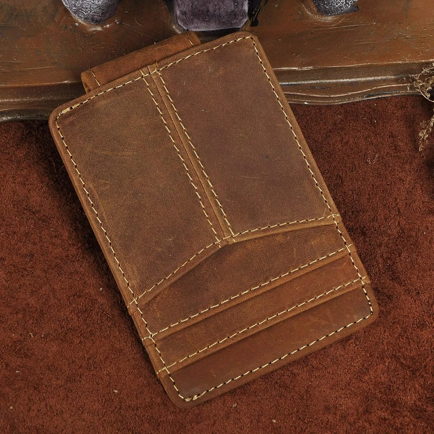 Le'aokuu Mens Genuine Leather Cowhide Money Clip Credit Card Case Handy Slim Wallet Magnet (A Rfid Light Brown 4)