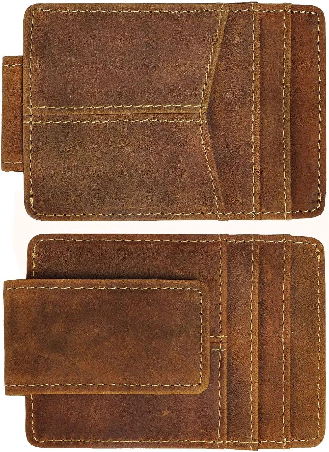 Le'aokuu Mens Genuine Leather Cowhide Money Clip Credit Card Case Handy Slim Wallet Magnet (A Rfid Light Brown 4)