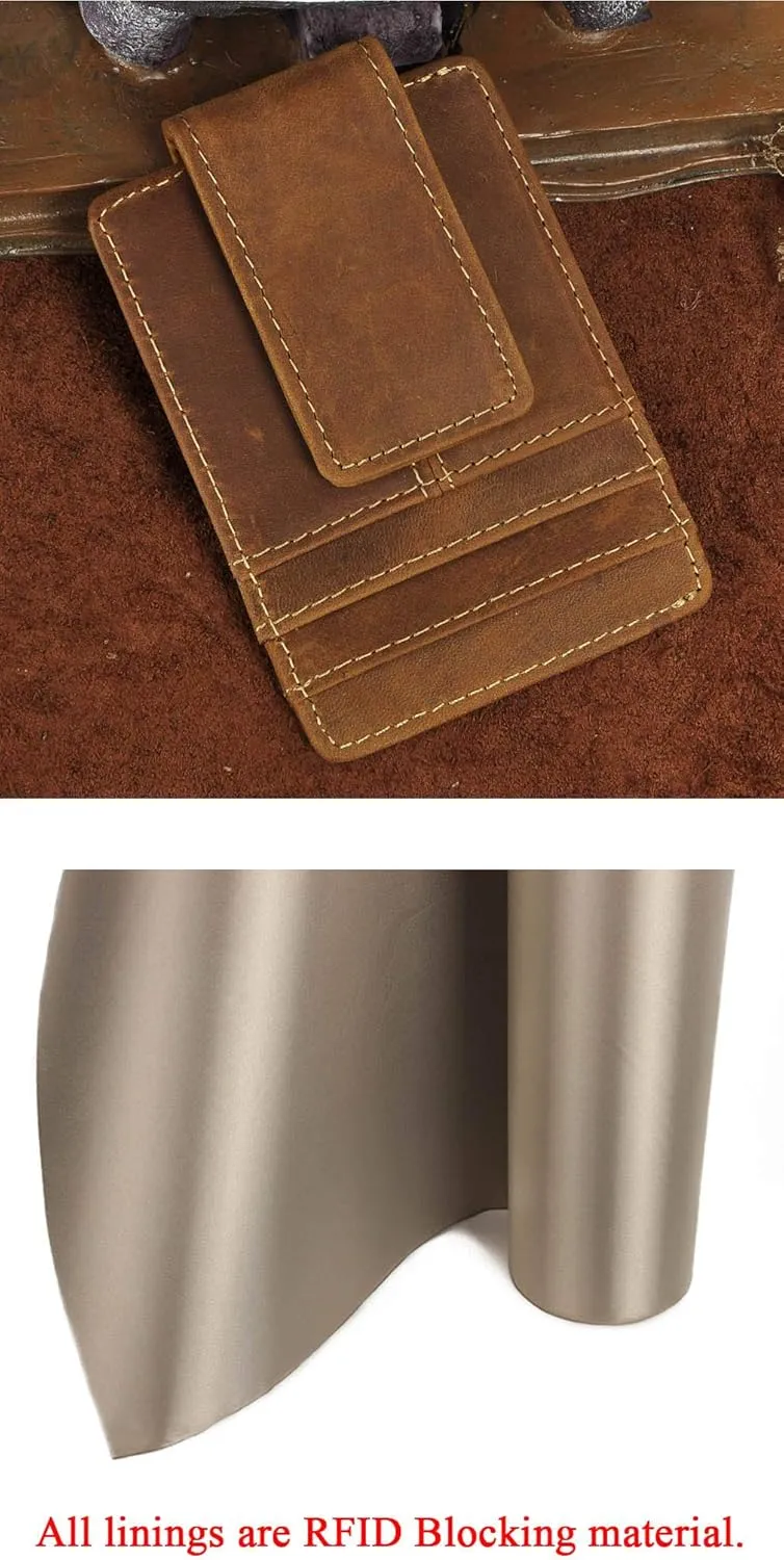 Le'aokuu Mens Genuine Leather Cowhide Money Clip Credit Card Case Handy Slim Wallet Magnet (A Rfid Light Brown 4)