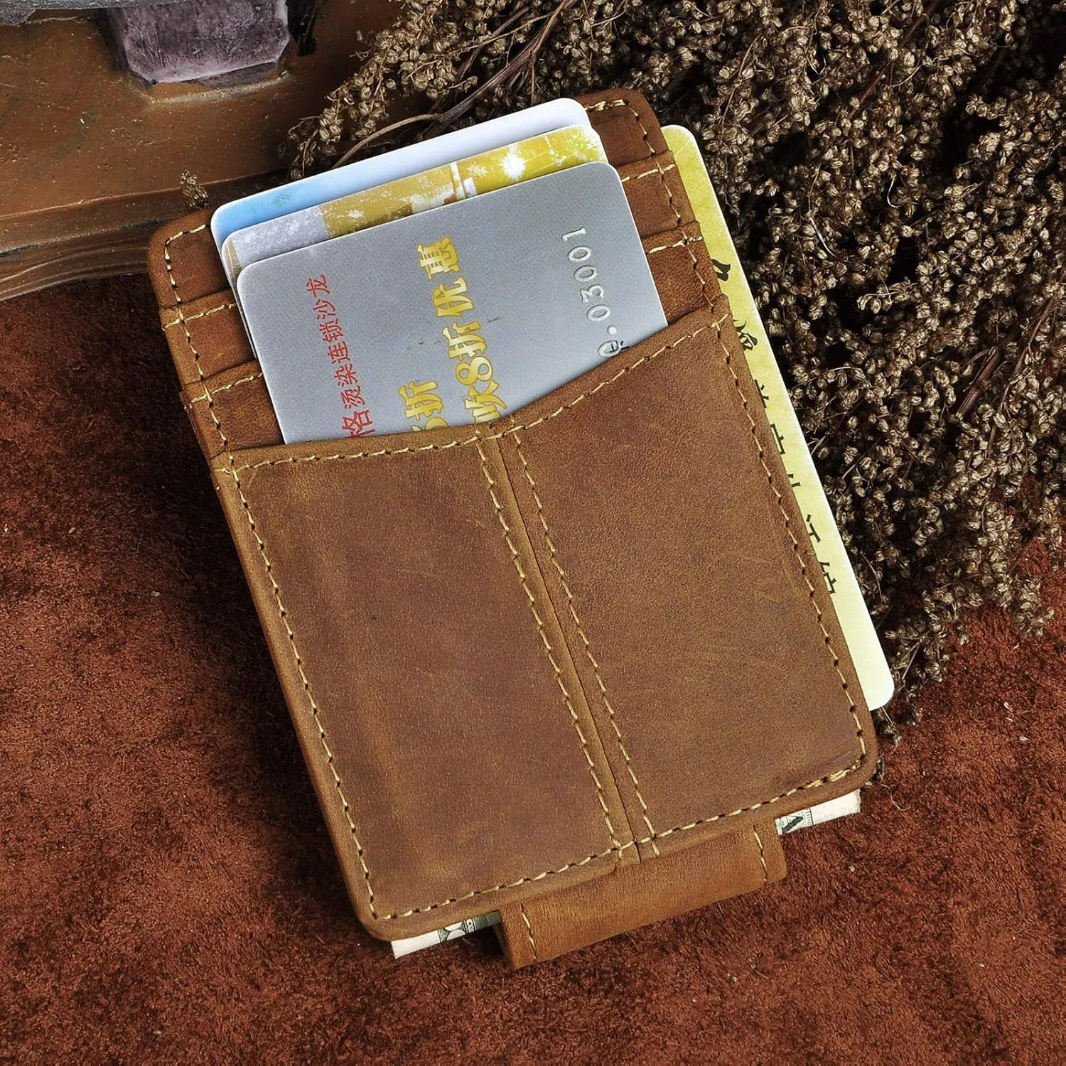 Le'aokuu Mens Genuine Leather Cowhide Money Clip Credit Card Case Handy Slim Wallet Magnet (A Rfid Light Brown 4)