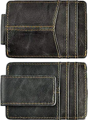 Le'aokuu Mens RFID Genuine Leather Cowhide Money Clip Credit Card Case Handy Slim Wallet Magnet (A Rfid Grey)
