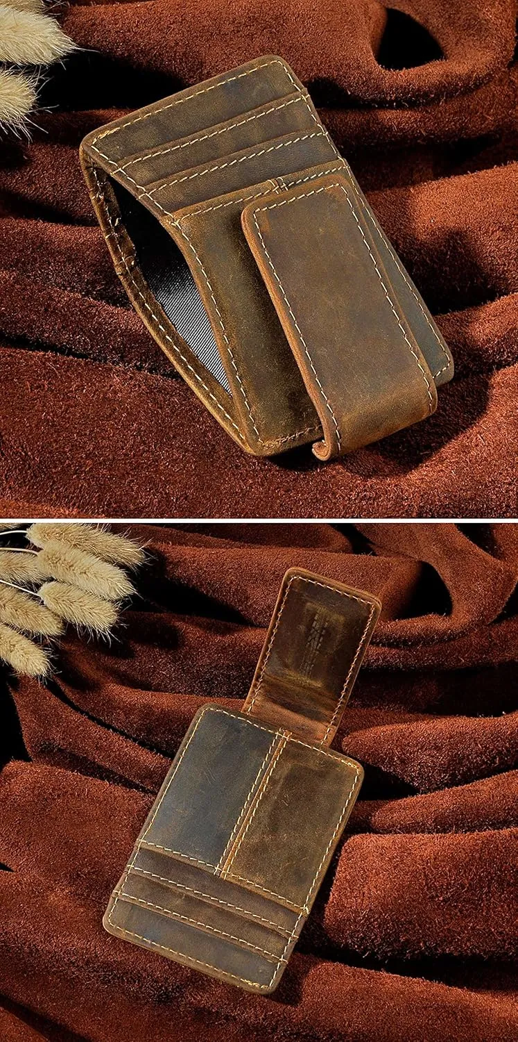 Le'aokuu Mens Rfid Money Clip Slim Wallet Genuine Leather Cowhide Credit Card Case Handy Magnet (A Dark Brown Rfid)