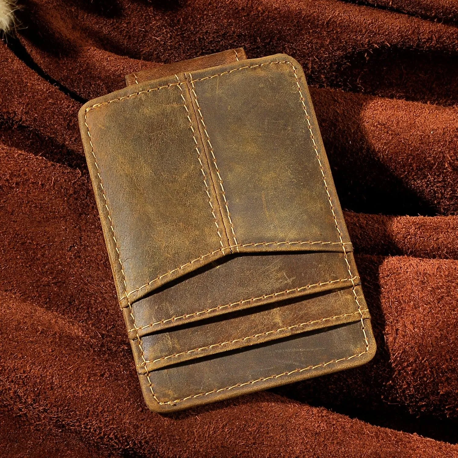 Le'aokuu Mens Rfid Money Clip Slim Wallet Genuine Leather Cowhide Credit Card Case Handy Magnet (A Dark Brown Rfid)