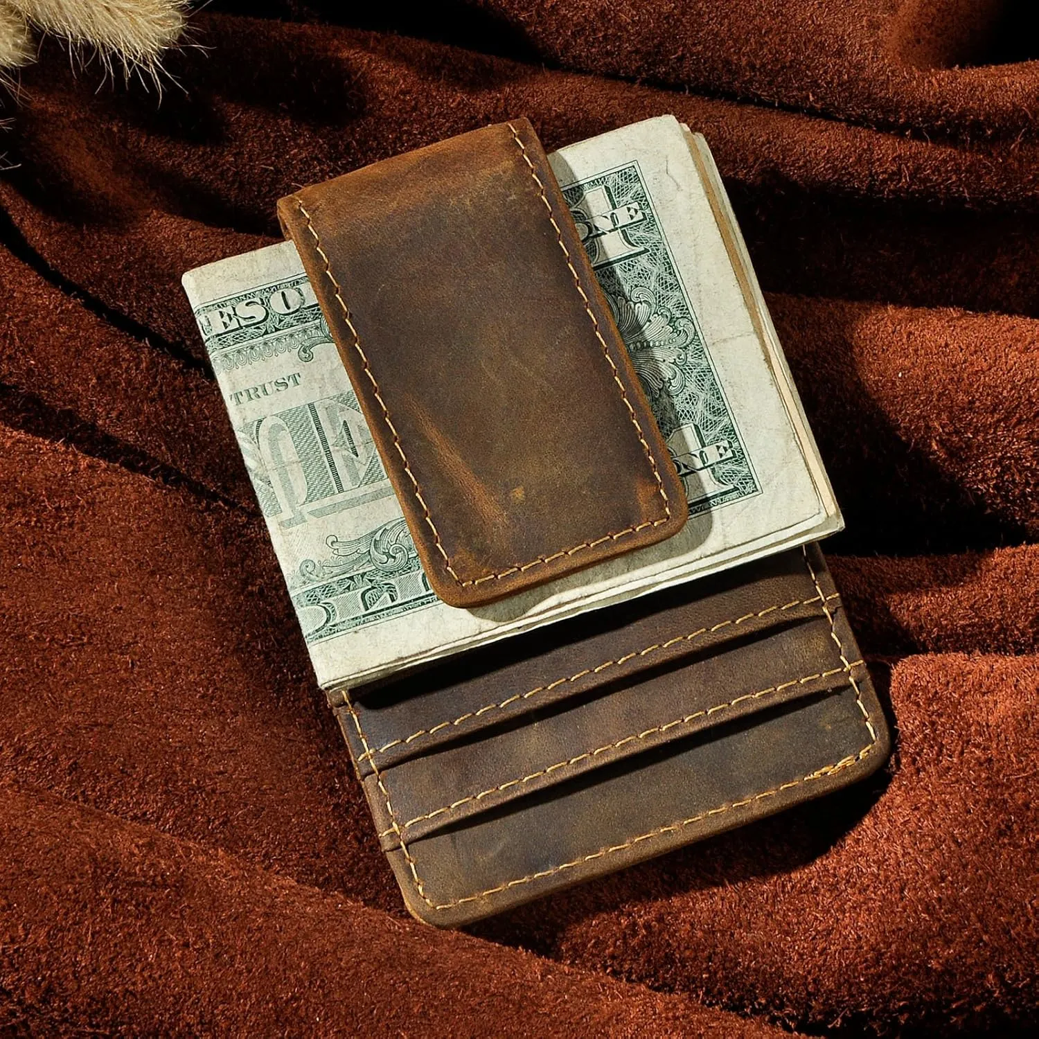 Le'aokuu Mens Rfid Money Clip Slim Wallet Genuine Leather Cowhide Credit Card Case Handy Magnet (A Dark Brown Rfid)