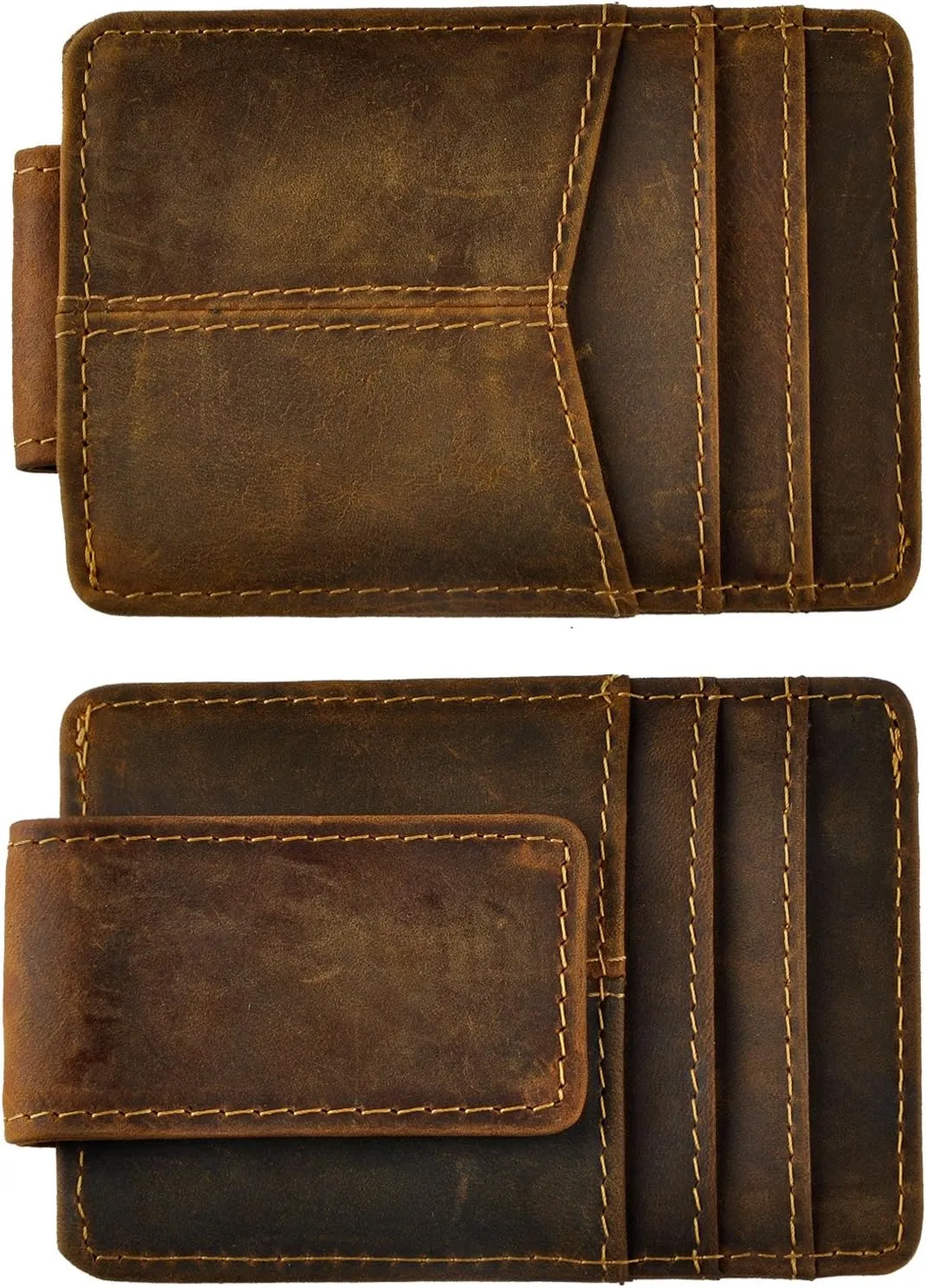 Le'aokuu Mens Rfid Money Clip Slim Wallet Genuine Leather Cowhide Credit Card Case Handy Magnet (A Dark Brown Rfid)