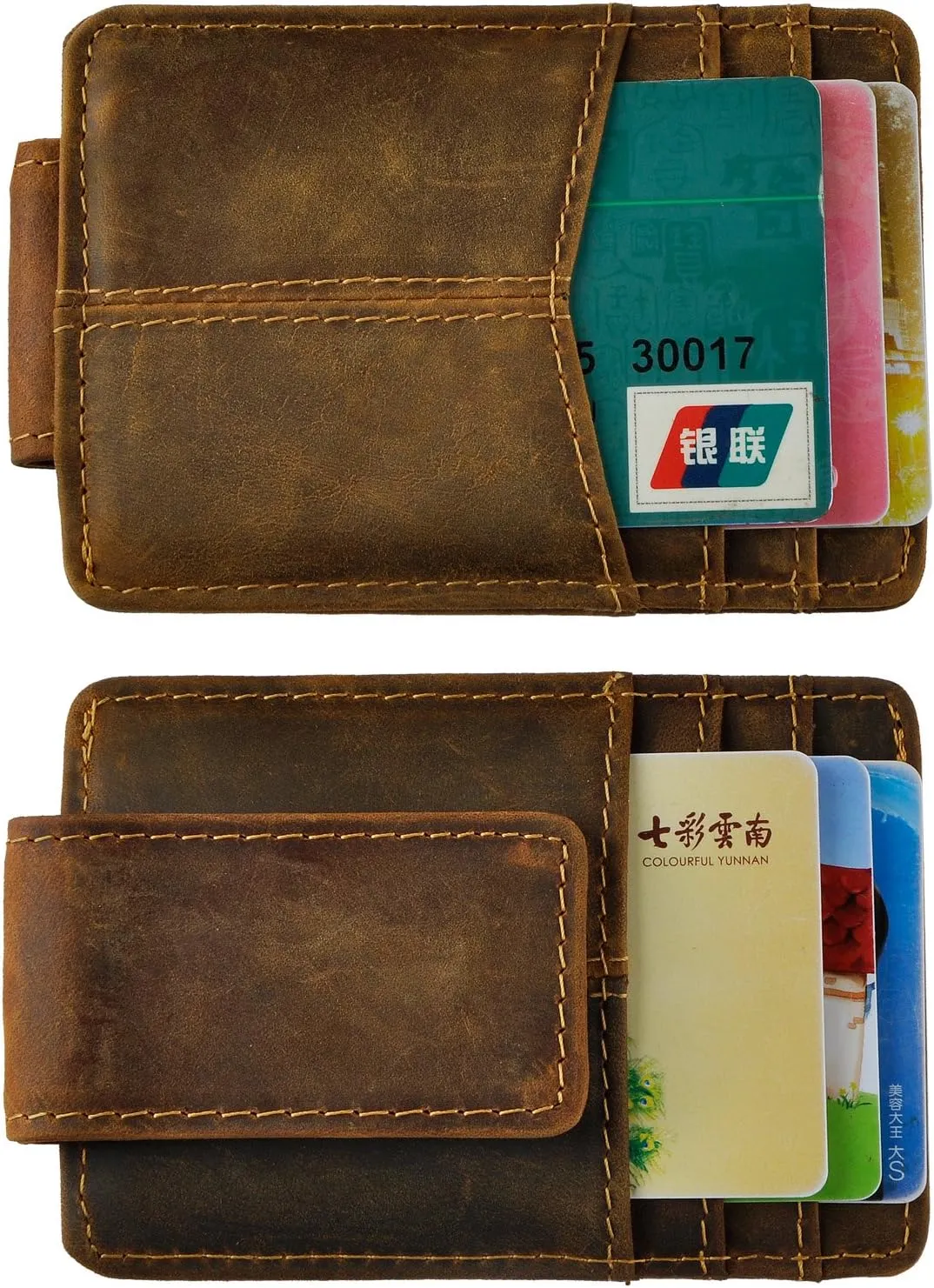 Le'aokuu Mens Rfid Money Clip Slim Wallet Genuine Leather Cowhide Credit Card Case Handy Magnet (A Dark Brown Rfid)