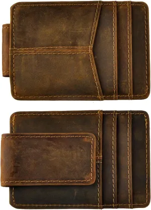 Le'aokuu Mens Rfid Money Clip Slim Wallet Genuine Leather Cowhide Credit Card Case Handy Magnet (A Dark Brown Rfid)