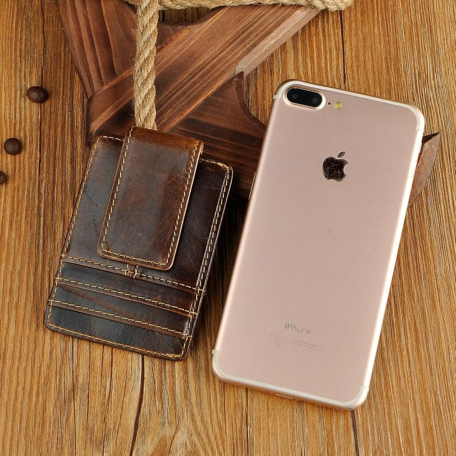 Le'aokuu Rfid Blocking Mens Cowhide Money Clip Credit Card Case Handy Slim Wallet Magnet (A Rfid Coffee)