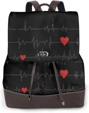 Leather Backpack Purse For Women Nurses-Heart-Beat Fashionable Multi-Functional Large Capacity Backpack For Daily Use, Travel, And Business