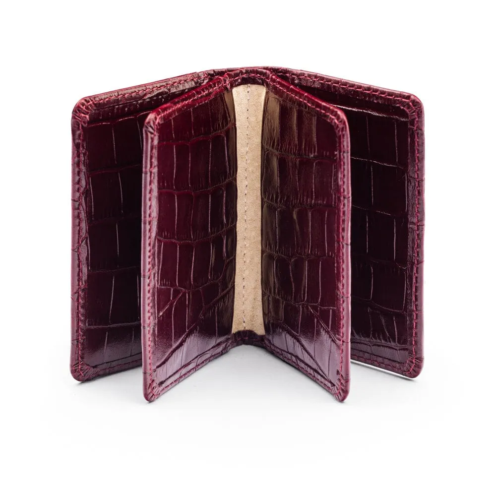 Leather Bifold Card Wallet - Burgundy Croc-Effect