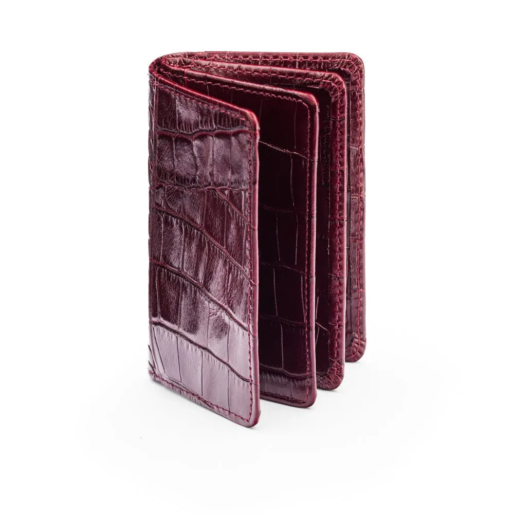 Leather Bifold Card Wallet - Burgundy Croc-Effect