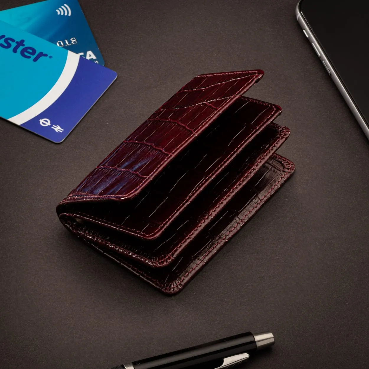 Leather Bifold Card Wallet - Burgundy Croc-Effect