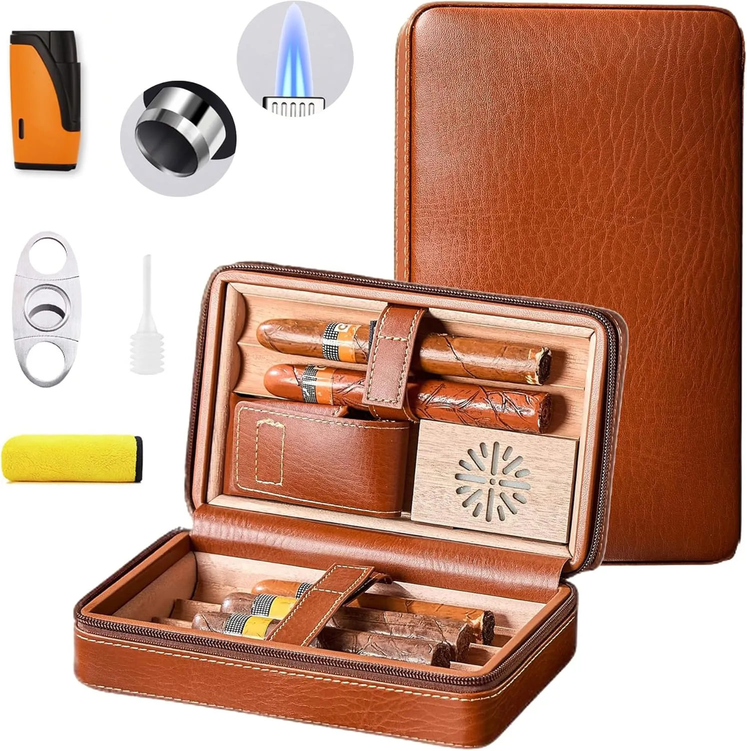 Leather Cigar Case, Travel Humidor Holds 6 Cigars, Brown Cedar Wood Box with Cigar Cutter, Humidifier, Lighter & Towel, Portable Cigar Holder for Men, Office & Travel Gift Set, Ideal for Home
