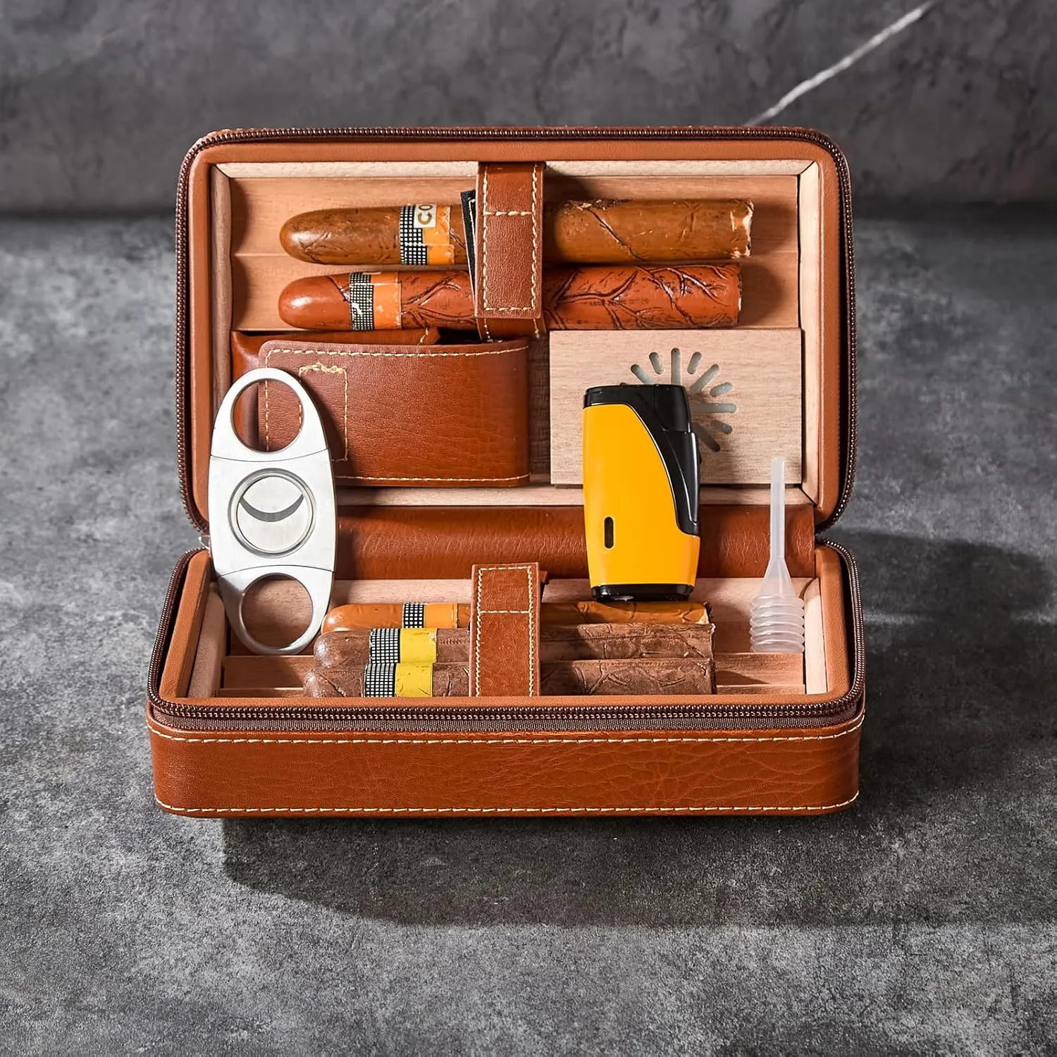 Leather Cigar Case, Travel Humidor Holds 6 Cigars, Brown Cedar Wood Box with Cigar Cutter, Humidifier, Lighter & Towel, Portable Cigar Holder for Men, Office & Travel Gift Set, Ideal for Home