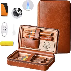Leather Cigar Case, Travel Humidor Holds 6 Cigars, Brown Cedar Wood Box with Cigar Cutter, Humidifier, Lighter & Towel, Portable Cigar Holder for Men, Office & Travel Gift Set, Ideal for Home