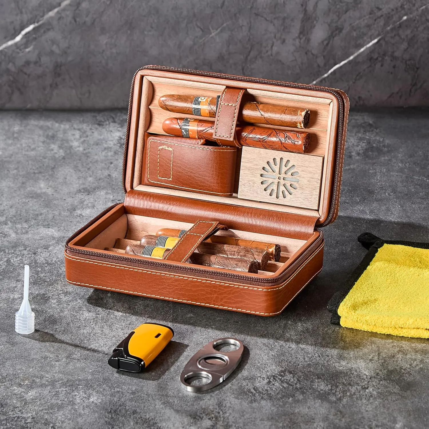 Leather Cigar Case, Travel Humidor Holds 6 Cigars, Brown Cedar Wood Box with Cigar Cutter, Humidifier, Lighter & Towel, Portable Cigar Holder for Men, Office & Travel Gift Set, Ideal for Home