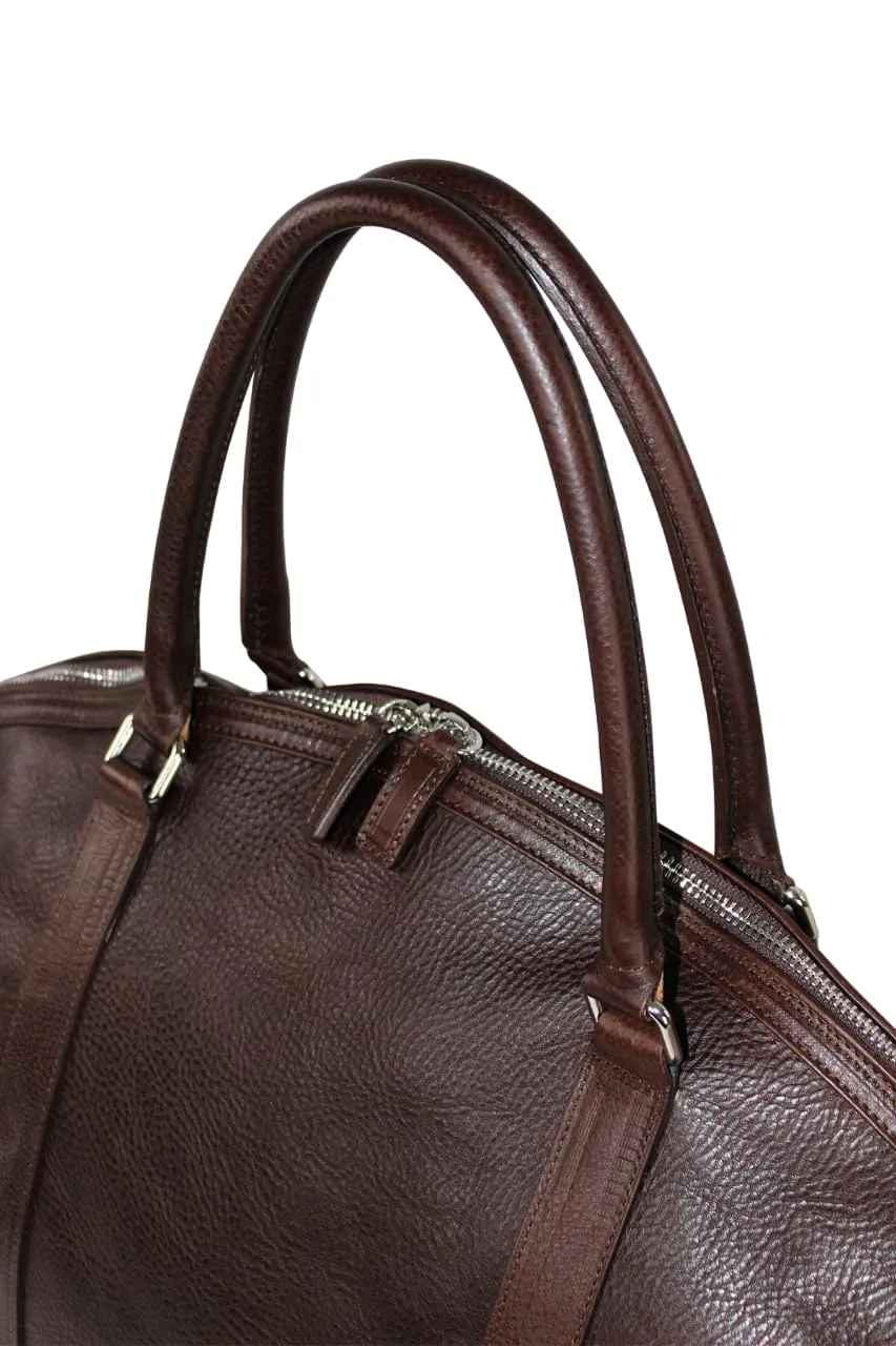 Leather Dome Duffle Bag | Handmade to Order in Italy, Soft Pebble-Grain Leather | Luxury Travel Bag, Shoulder Straps Included (Dark Brown)