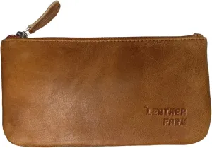 LEATHER FARM Leather Travel Pouch - Beautifully Handcrafted YKK Zippered Pouch Handmade - 8 x 4 inches.(TAN CRUNCH)