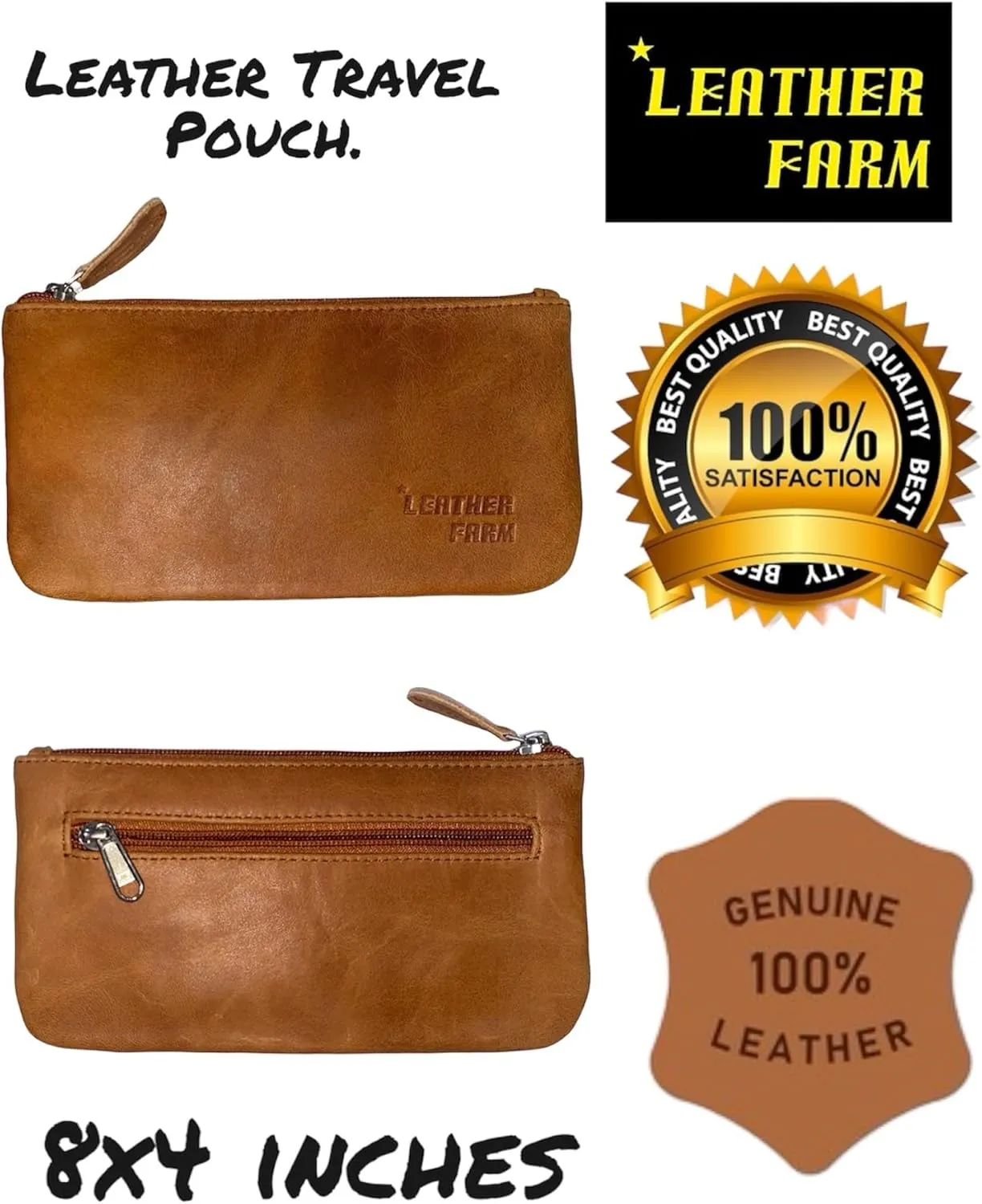 LEATHER FARM Leather Travel Pouch - Beautifully Handcrafted YKK Zippered Pouch Handmade - 8 x 4 inches.(TAN CRUNCH)