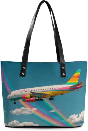 Leather Lady's Handbag Fantasy Rainbow Plane Print Leather Tote Bags For Women Trendy Ladies Shoulder Bag for Work, Travel, Casual Use