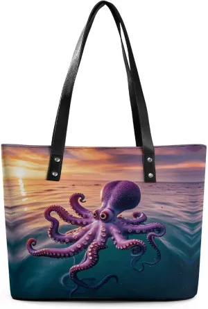 Leather Lady's Handbag Giant Octopus Print Leather Tote Bags For Women Trendy Ladies Shoulder Bag for Work, Travel, Casual Use